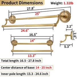 Double Towel Bar, Antique Brass Bathroom Towel Racks Wall Mounted, Adjustable Gold Towel Bar Fits 14-25 Inch Centers, Heavy Duty Rustproof Brass Towel Rod Holder for Bath