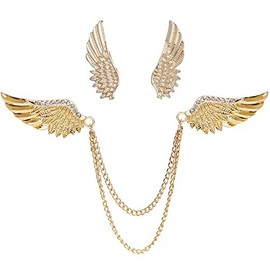 2PCS Angel Wings Tassel Chain Brooch Collar Pins,Rhinestone Metal Feather Lapel Pin, Suit Coat Breastpin for Women Men's Accessories (Gold)
