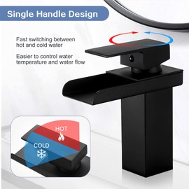 Basin Faucet Waterfall, Stainless Steel Bathroom Faucet, Hot and Cold Water Mixer Tap, Single Handle Waterfall Bathroom Faucet, Black, High (Color : Black, Size : Short)