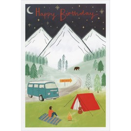 Pictura Night Camping with Red Tent and Blue VW Bus Birthday Card