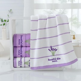 Pidada Bath Hand Towel Set of 3 Lavender Floral Pattern 100% Cotton Soft Absorbent Decorative Towels for Bathroom (White)