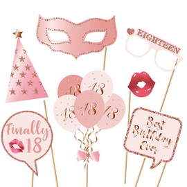 18th Birthday Party Photo Booth Props and Signs, Rose Gold 18 Birthday Party Selfie Props Kit with Sticks for Girls Women, Eighteen 18th Happy Birthday Party Decorations Supplies Favors
