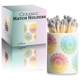 Ceramic Match Holder with Striker Pads - Colorful Mandelas - Cute Bathroom Decor | Living Room Decor | Centerpiece Table Decorations - Matches Not Included