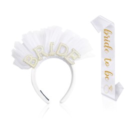 UBSIUH 1 Piece Bridal Headband And 1 Piece White Ceremonial Belt, Ele Mesh Headband, Bachelor Party Supplies, Party Clothing Accessories.