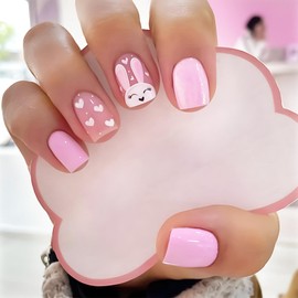 Bunny Square Press on Nails Short Glossy False Nail Kits with Easter Pink Heart Design Stick on Nails for Easter Gift Acrylic Fake Nails Sets for Women Girls 24pcs