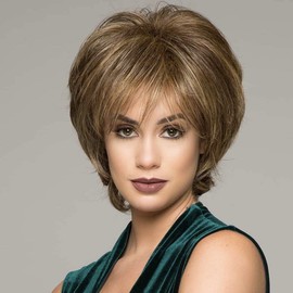 Pelucas Cortas Bob Rectas para Mujer Peluca de Cabello Sintéticas Pixie Peluca de Esponjoso Natural con Flequillo Peluca de Pelo para Uso diario,trabajo (Castaño)