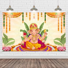 Wollmix Pooja Ganpati Decoration Banner Indian Puja Cloth Items Backdrop Traditional Chatiya Ganesh Mehndi Photography Background Wedding Festival Party Marigold Garlands Photo Booth 70.8x43.3inch