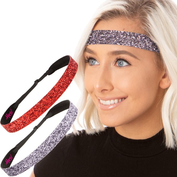 Hipsy Adjustable Non Slip Cute Fashion Wide Bling Glitter Hair Headbands for Women Girls & Teens 2-Pack (Gunmetal & Red)