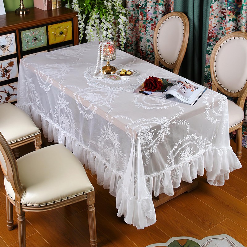 Vintage White Lace Tablecloth with Flowers, Embroidered Ruffles Square Table