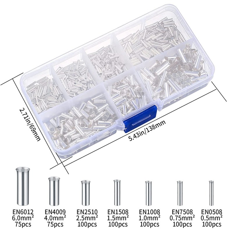 650 Pcs 7 Sizes Wire Ferrules Kit, Tinned Copper Crimp