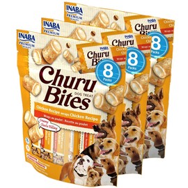 INABA Churu Bites for Dogs, Grain-Free, Soft/Chewy Baked Chicken Wrapped Churu Filled Dog Treats, 0.42 Ounces Each Tube | 24 Tubes Total (8 Tubes per Pack), Chicken Recipe