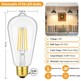 Dimmable Vintage LED Edison Bulbs 60W Equivalent, 6-Pack 6W 800LM Bright ST58 2700K Warm White Antique LED Filament Bulbs, E26 Medium Base, 90+ CRI, Clear Glass Decorative Light Bulbs for Home, Office
