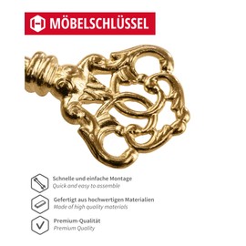 Gedotec Furniture Key Brass | 1 Piece | Beard Key Metal | BEETHOVEN | Decorative Replacement Key Antique | 40 mm | Replacement Key | Key with Euro Lock | Additional Key for Furniture Lock
