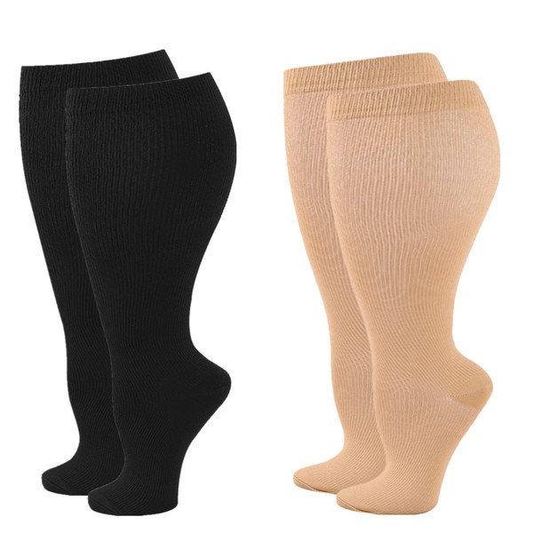 Zingso Wide Calf Compression Socks for Men and Women 2 Pairs Plus Size Extra Large Support Socks Stockings Reduces Swelling and Pain for Nurses Running Pregnancy Travel Flight 20-25mmHg, 2 Pairs Black/Beige
