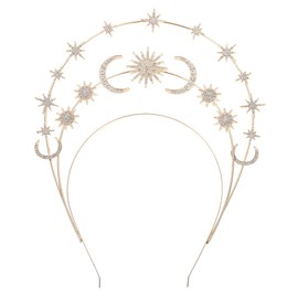 Healeved Three Tier Star Moon Crown Headpiece Decorative Girl Crown Headband for Women Brides Cosplay Party Photography Accessories