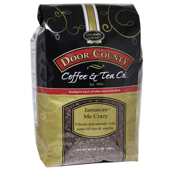 Door County Coffee, Jamaican Me Crazy, Rum and Vanilla Flavored Coffee, Medium Roast, Whole Bean Coffee, 5 lb Bag