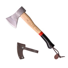 Adler Rheinland Camping Hatchet with Leather Sheath - German Forged, 14" Hickory Handle, Compact Hatchet for Hiking, Bushcraft, Wood Carving, Preparing Kindling (Red Stripe)