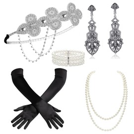 BABEYOND 1920s Flapper Accessories Gatsby Costume Accessories Set 20s Flapper Headband Pearl Necklace Gloves Plastic Holder
