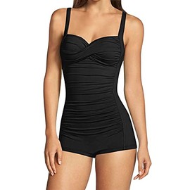Sovoyontee Women's One Piece Tummy Control Swimsuit Boyleg Boyshort Ruched Bathing Suit, Black, L