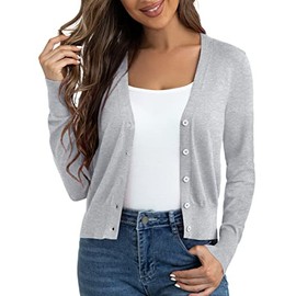 Ahlaray Women's Cardigan Button Down Long Sleeve Open Front Cropped Sweater, Light Grey, Medium