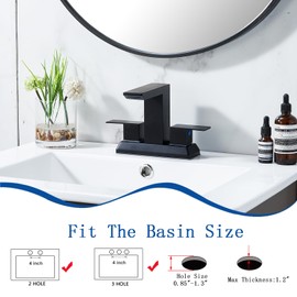 SHACO Black 4 Inch Centerset Bathroom Faucets 3 Hole or 2 Hole, Matte Black 2 Handle Waterfall Vanity Faucet, Lavatory Mixer Tap RV Bathroom Sink Faucet with Overflow Pop Up Drain and Hose