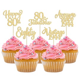 30 piezas de adornos clásico para cupcakes de 1944 con purpurina, 80 cumpleaños, 80 fabulosas selecciones de cupcakes impresionantes desde 1944, decoraciones de pasteles para 80 cumpleaños,