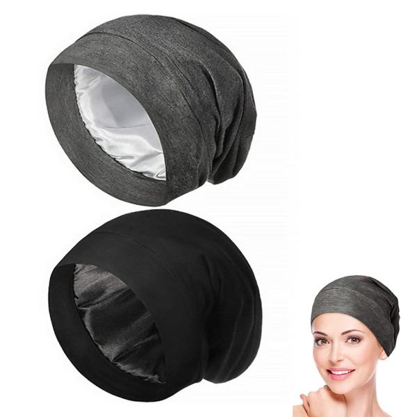 NIYATA 2 Pcs Sleep Cap Black Grey Mulberry Silk Bonnet