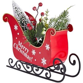 Bkrdty Santa Sleigh Christmas Decoration Metal Christmas Sleigh with Mini Tree Berries and Needle Branches for Christmas Table Decoration Ornament Holiday Home Decoration