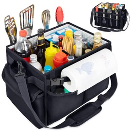 FRECOLSH Large Grill Caddy with Paper Towel Holder – Collapsible BBQ Organizer for Camping, Tailgating, RV, Boating – Grilling Gifts for Men – Griddle Tote Bag with Shoulder Strap – Outdoor Essentials