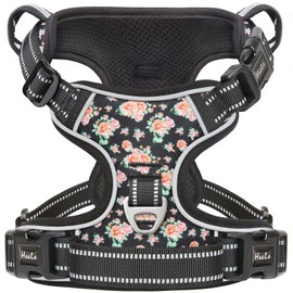 HEELE Dog Harness, No Pull Dog Harness Small, Release on Neck, Front Back Clips Dog Vest Harness Reflective Adjustable Padded Breathable, Easy Control Handle for Walking Training, Floral-Black, XS