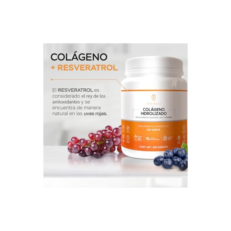 Vitasei Colágeno Hidrolizado Polvo Péptidos Resveratrol Vitamina Apoyo Cabello Piel