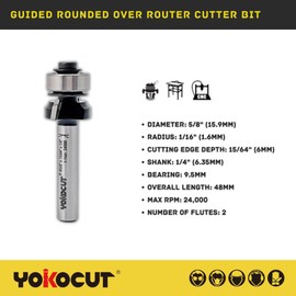 YOKOCUT Guided Rounded Over Router Cutter Bit, 1/4 Inch Shank, 1.6mm Radius and 6mm Cut Length, Tungsten Carbide Tipped Router Bit (B/Guided OVOLO 1.6MM RAD - 1/4 SHANK)