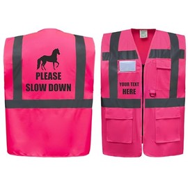 Please Slow Down Horse Equestrian Zipped Pink Hi Vis Safety Vest Horse Riding Reflective Waistcoat Road Safety High Visibility, Can Personalise. (Pink, 3XL)