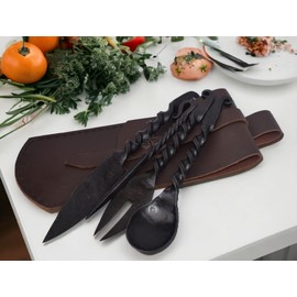 Viking Traders Hand-Forged Medieval Twisted Dining Hall Eating/Feasting Utensils set of 4 Piece Functional Fork Knife Spoon and Food Stick Medieval Eating Set, with genuine leather pouch for carrying.