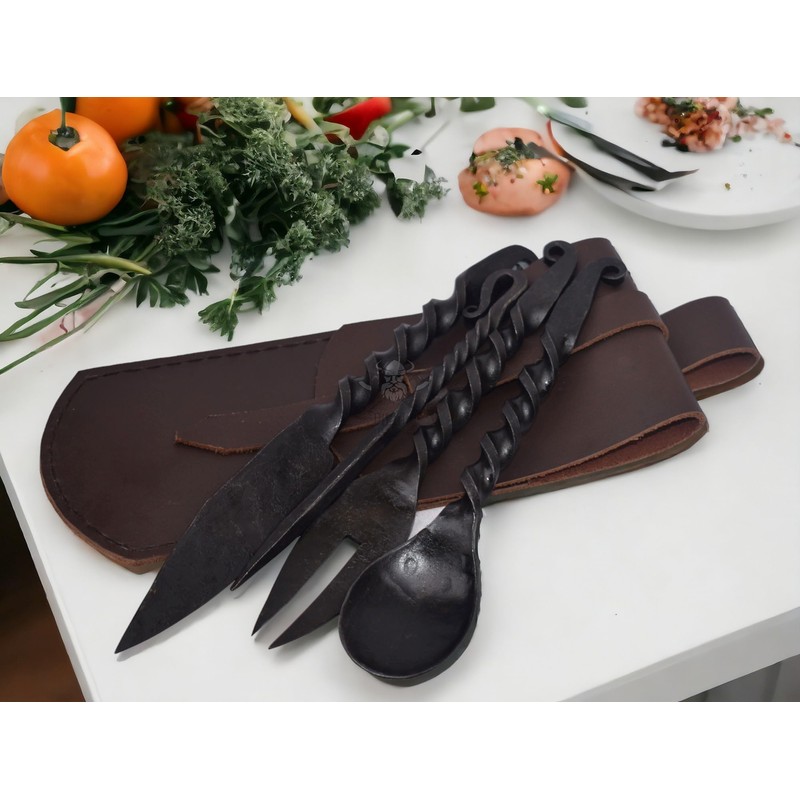 Viking Traders Hand-Forged Medieval Twisted Dining Hall Eating/Feasting Utensils set