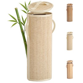 WAOHANAZ Bamboo Toilet Paper Storage Basket with Lid & Handle - 10L Handwoven Bathroom Organizer for 4 Rolls - Sturdy Stand Holder for Toilet Paper Organization, Light Natural