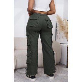 Wide Leg Cargo Pants Women High Elastic Waisted Casual Multi Pockets Drawstring Bottom Straight Y2k Trousers ArmyGreen M