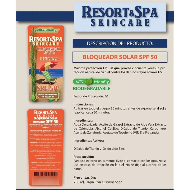 Resort and Spa Skin Care 2 Bloqueadores Solares 100% Biodegradables