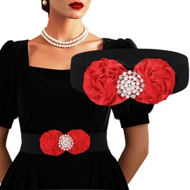 Wriidy Wide Stretchy Belt White Flower Belt Women Black Fancy Pearl Elastic Waist Belts for Dress, Red, Medium