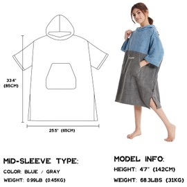 Hiturbo Kids Changing Towel Robe: Absorbent Quick Dry Surf Poncho, 3/4 Sleeve Microfiber Bath Towels for Beach Pool (Blue/Gray)