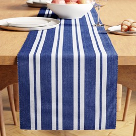 Encasa XO Dining Table Runner | Yarn Dyed Fine Ribbed Cotton | Size 32x200 cm | Franca Blue Stripes | Machine Washable