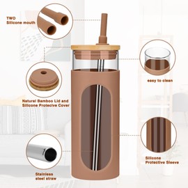 Tronco 22oz Glass Tumbler with Bamboo Lid and Straw, Glass Cup For Boba,Iced Coffee,Smoothie, Spill Proof Glass Water Bottle With Silicone Protective Sleeve, Dishwasher Safe,BPA Free