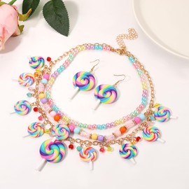 Lollipop Candy Layered Necklace Earrings Set Novelty Funny Colorful Pearl Beads Sweet Candy Lollipop Ice Cream Dessert Pendant Choker Necklaces Dangle Earrings Birthday Holiday Party Jewelry Gift