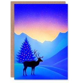 Wee Blue Coo Greeting Card Winter Wonderland Sunrise Reindeer Decorated Tree Blank For Him Or Her Art Xmas Christmas Card