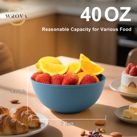 Wrova Wheat Straw Salad Bowls for Kitchen set of 6,Anti-Scald Thick Soup Bowls 40oz,Microwave and Dishwasher Safe Bowl set easy to clean. Blue