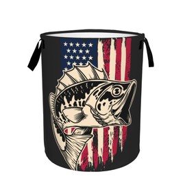 Laundry Basket,American Flag Bass Fish Laundry Hamper Bass Fishing Collapsible Organizer Basket,Toy Storage Bin Room Decor Gift Clothes Baskets,Bedroom Children Nursery Hamper 16x20 Inch