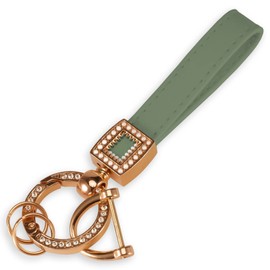 WORCAS Car Keychain With Bling Rhinestones,Microfiber Leather Wristlet Keychain,360 Degree Rotatable Universal Key Fob Keychain for all Cars(Pearl Green-Gold)