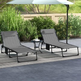 Outsunny Folding Chaise Lounge Set of 2 with 5-Level Reclining Back, Outdoor Lounge Tanning Chair with Padded Seat, Side Pocket & Headrest for Beach, Yard, Patio, Gray