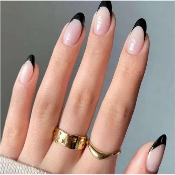 French Tip Press On Nails Almond Tejecu Black Tip Press