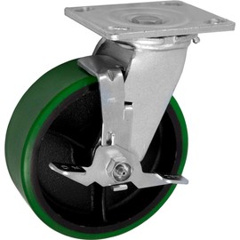 CasterHQ- Medium Duty 8"X 2" Green Polyurethane ON Iron Wheel - Swivel Caster with Brake - 1,250 LBS Capacity